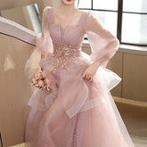 BXOXO CustomizedShiny Pink Tulle Evening Dresses Elegant Banquet Party Long Sleeve Dresses Engagement Luxury Square Collar Appliques B